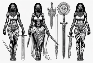 African female full body valkyre slim face holding out sword in both hands tattoo idea