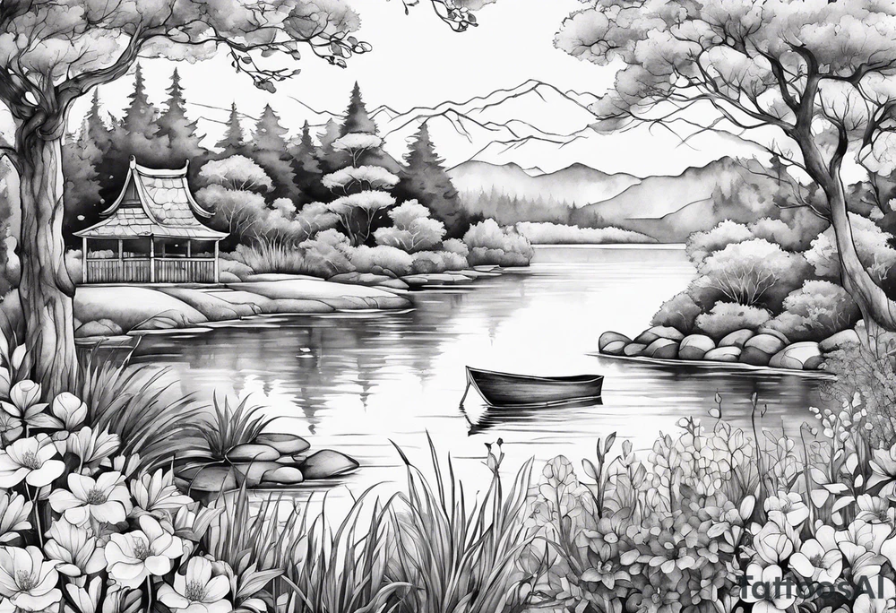 Secret, hidden garden, flowers, lake tattoo idea