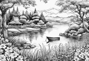 Secret, hidden garden, flowers, lake tattoo idea