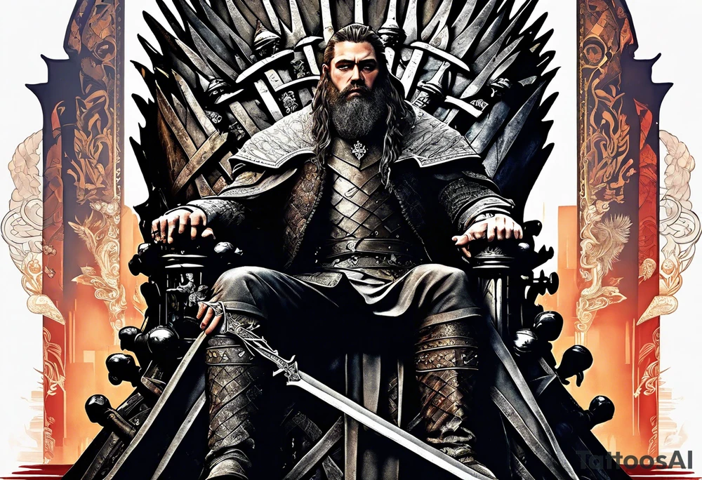 Large man carrying bags of money to a thin German man sitting on an iron throne tattoo idea