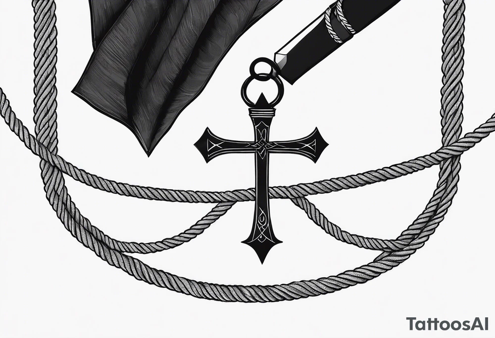 A rope that surrounds the shoulder girdle, with a pen, an ankh, and a straight-dagger hanging by a string, down onto the arm, but not passing the shoulder tattoo idea