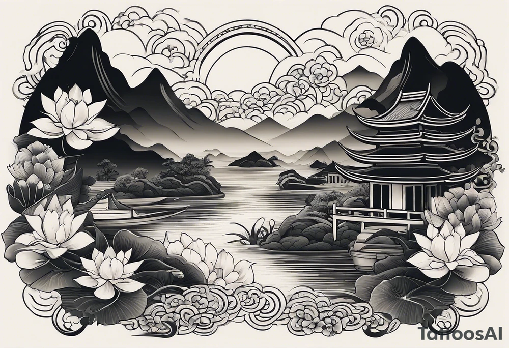 A black Vietnamese tattoo design featuring intricate depictions of sacred animals like the dragon and turtle intertwined with majestic mountains and lush rice fields. Incorporate iconic elements such as the conical straw hat floating above, surrounded by blooming lotus flowers and traditional silk lanterns. The tattoo reflects the essence of Vietnam's breathtaking nature, with swirling mist and flowing water elements woven into the composition, merging traditional artistry with a modern flair. Use a color palette that evokes the lush greens of the countryside and the warm tones of sunset. tattoo idea