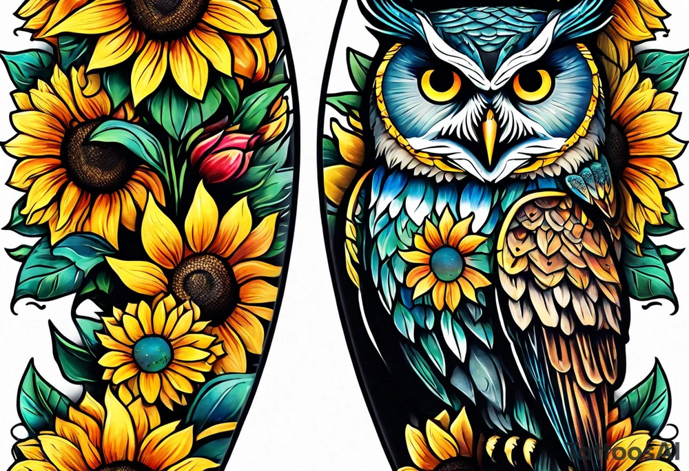 Leg sleeve with colorful sunflowers and an owl tattoo idea