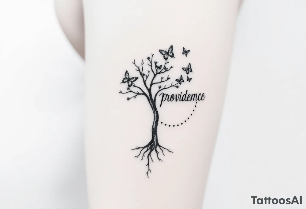 a tree of life that has small roots but its roots lead into a dotted circle with three butterflies coming out of the top right of the circle and the word “providence” is written in fancy letters on the outside of circle but curving around the circle on the left side tattoo idea
