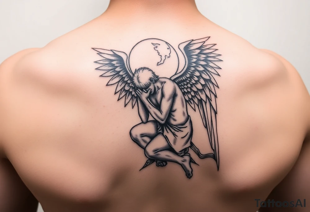 Buff Fallen angel on his knees tattoo idea