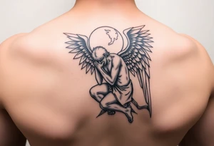 Buff Fallen angel on his knees tattoo idea