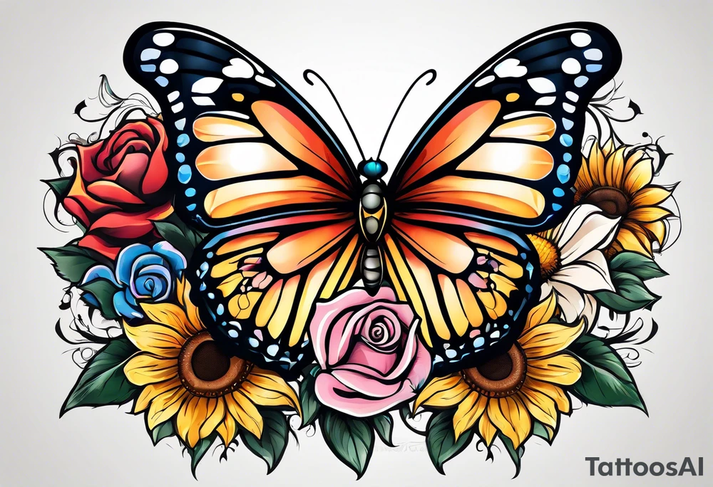 animal butterfly , flower rose, sunflower, tattoo idea