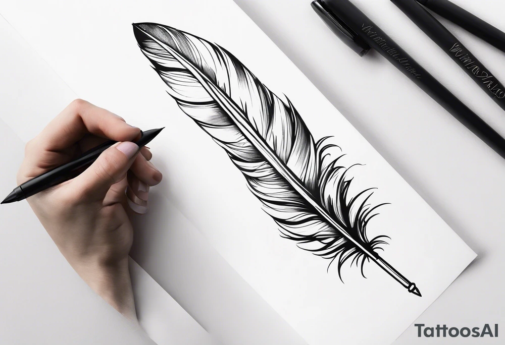 pen wrapped in feather tattoo idea