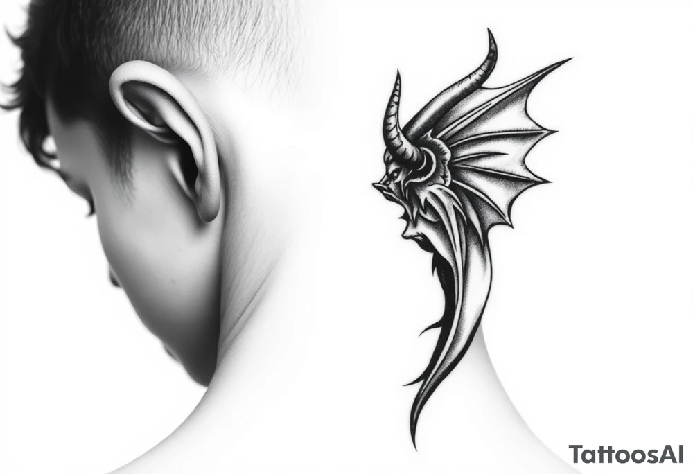 position behind the neck Angel (on the right) whispering in the right ear, demon (on the left) whispering in the left ear. It must be as realistic as possible. tattoo idea