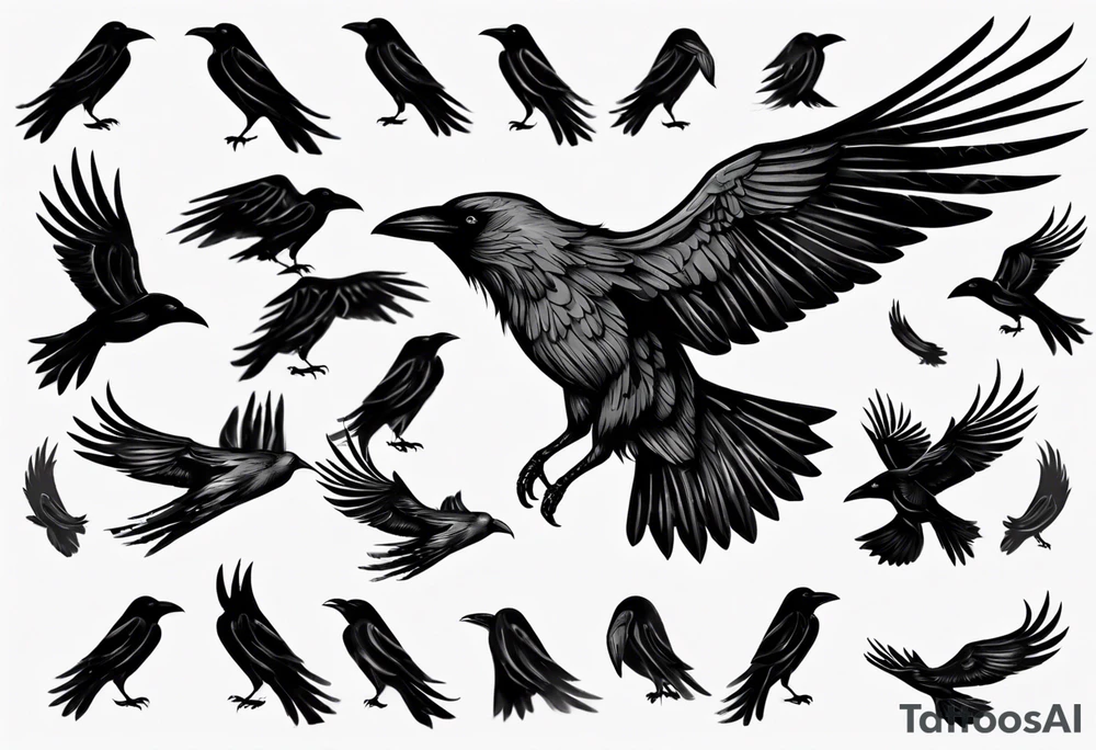 raven flying toward foreground tattoo idea