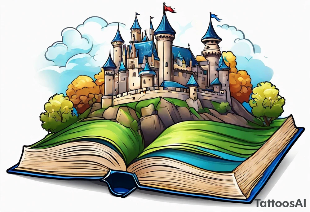 open book with castle tattoo idea