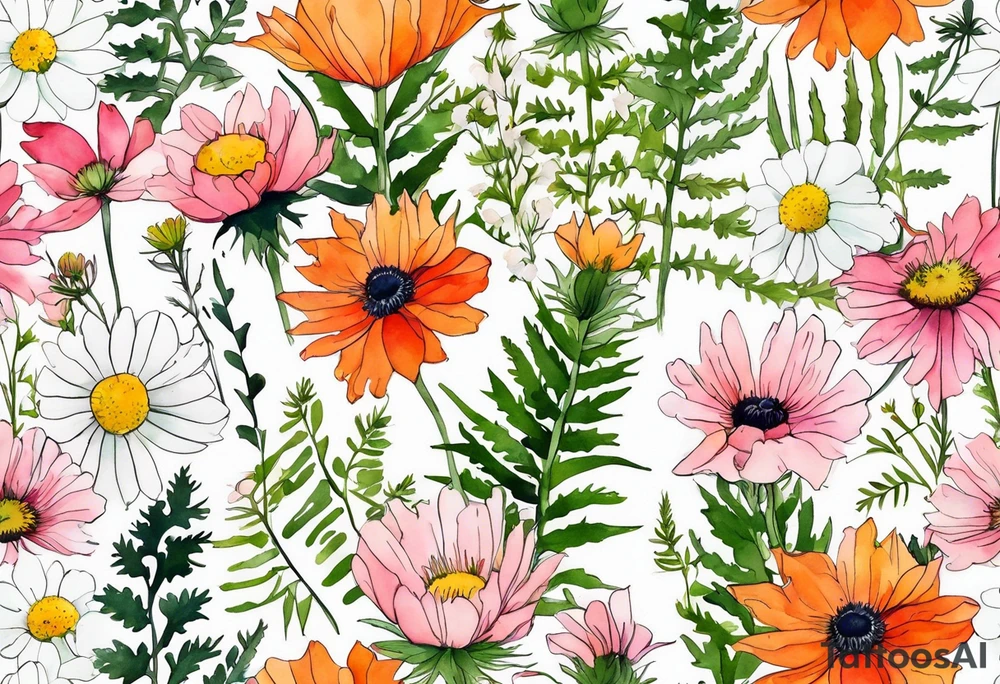 simple wildflowers cascading with thistles, ferns, white anemones, sun flowers, red flowers, pink flowers, green flowers, buttercups, orange flowers, babys breath and daisies all in watercolor tattoo idea