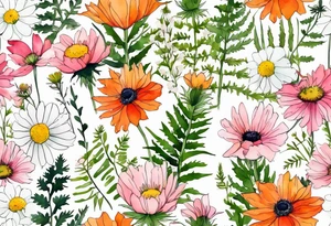 simple wildflowers cascading with thistles, ferns, white anemones, sun flowers, red flowers, pink flowers, green flowers, buttercups, orange flowers, babys breath and daisies all in watercolor tattoo idea