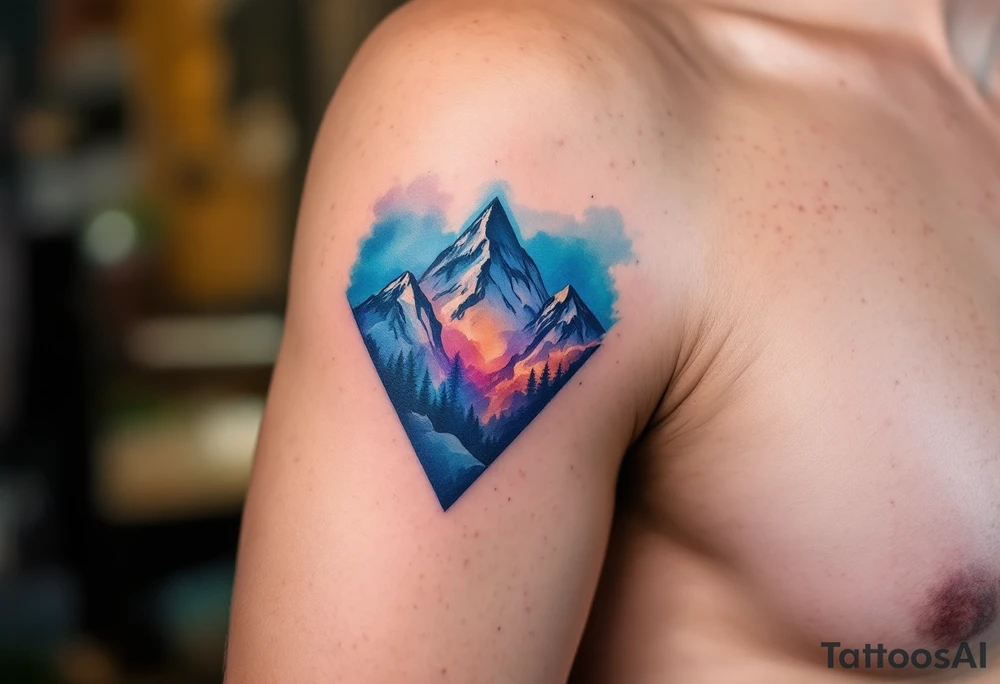 A triangle with a big heart in the cente with a mountain theme tattoo idea