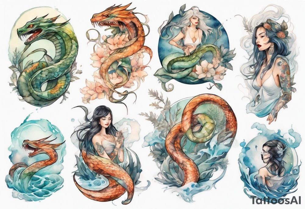 a beautiful woman seas serpent hybrid tattoo idea