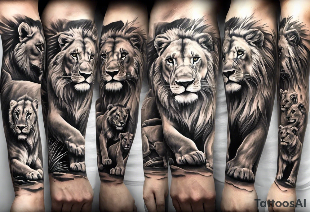 Full sleeve tattoo depicting a large lion protecting his lioness and 6 lion cubs. Background should depict a safari scene tattoo idea
