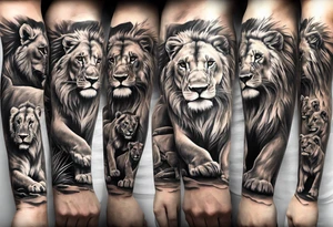 Full sleeve tattoo depicting a large lion protecting his lioness and 6 lion cubs. Background should depict a safari scene tattoo idea