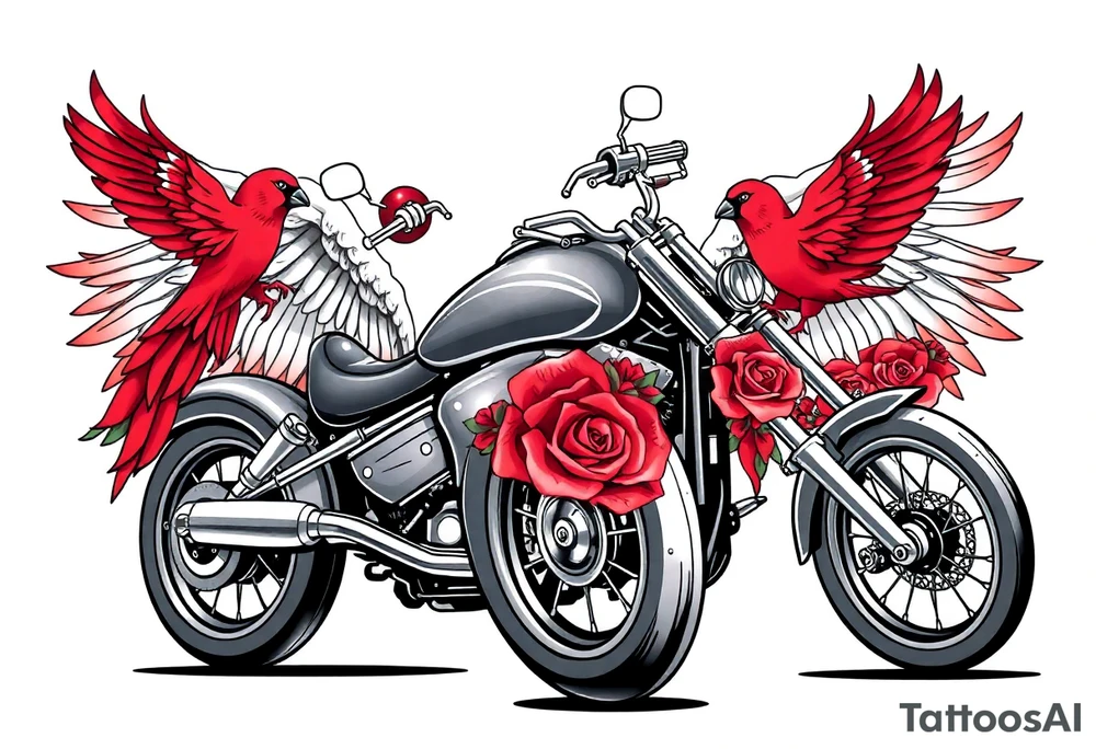 Harley grey motorcycle driving away, two red birds flying, roses, flames, angel wings tattoo idea