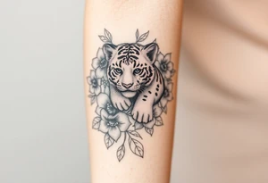 Floral tattoo with baby tiger in the flowers 🌺 tattoo idea