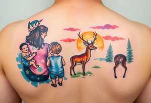 Family 2 parents, 1 baby boy, one young girls with colour around the caracters and empty caracters and sunrise looking at a deer tattoo idea