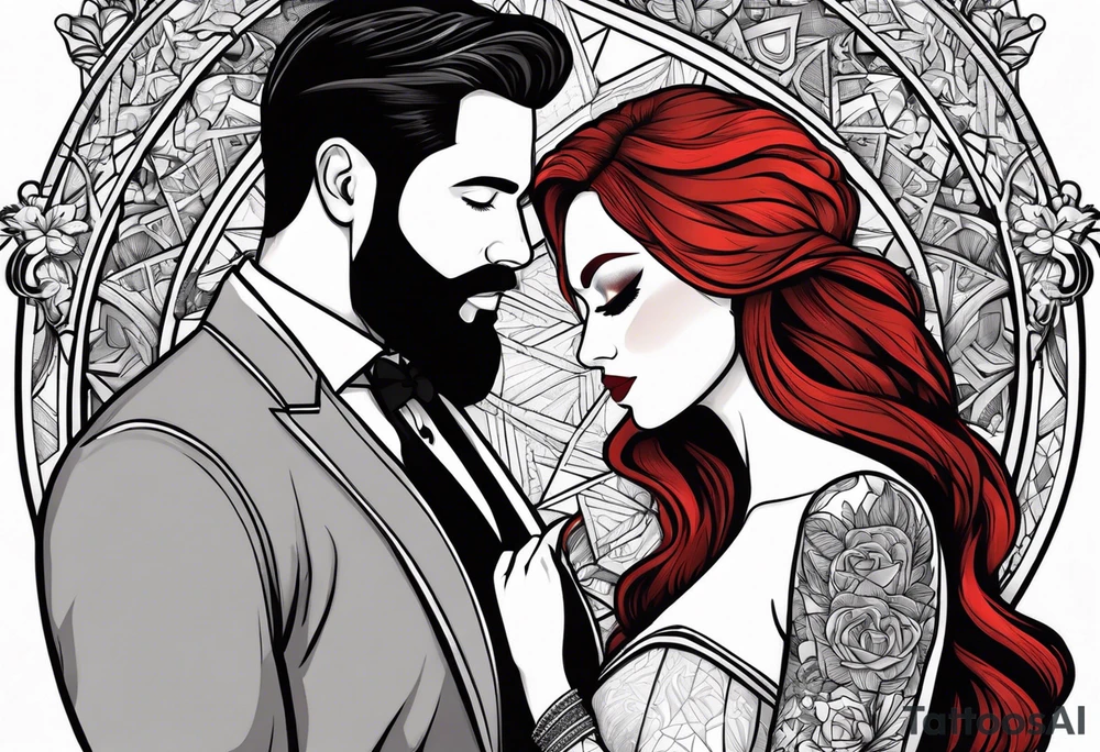 Busty red haired woman and a bearded man with black hair getting married tattoo idea