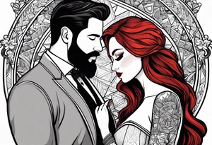 Busty red haired woman and a bearded man with black hair getting married tattoo idea