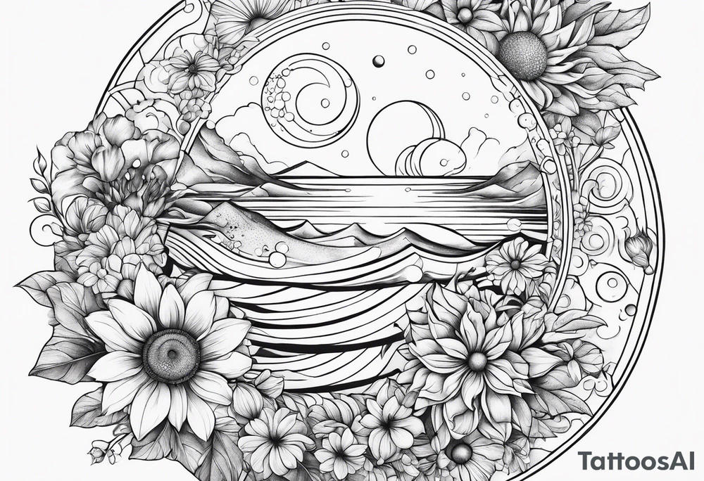 Water element, with half a sun, some flowers and water dots tattoo idea