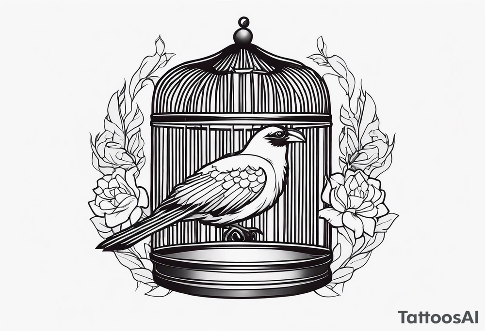 neo traditional decoration only on the left side, on the top of a long bird cage with a too big bird in it. no color tattoo idea