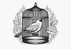 neo traditional decoration only on the left side, on the top of a long bird cage with a too big bird in it. no color tattoo idea