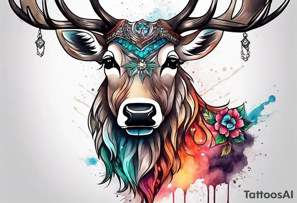 back tattoo of a front view reindeer with half the face as a skull tattoo idea