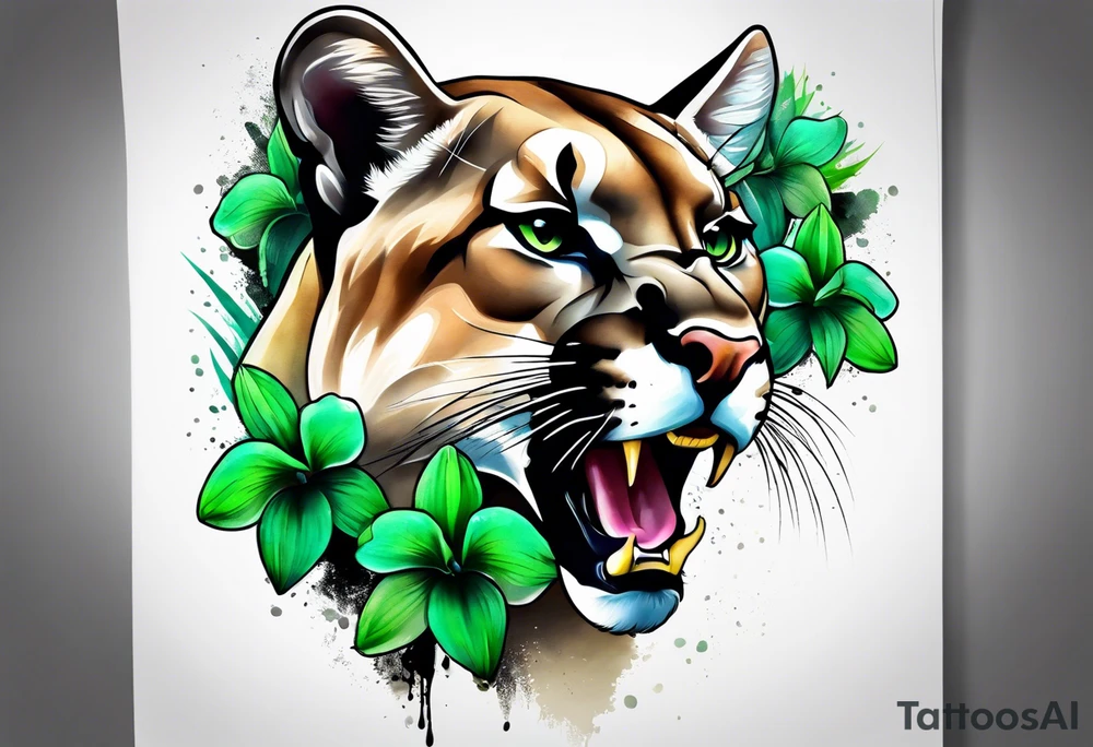 mountain lion with green orchids tattoo idea