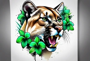 mountain lion with green orchids tattoo idea