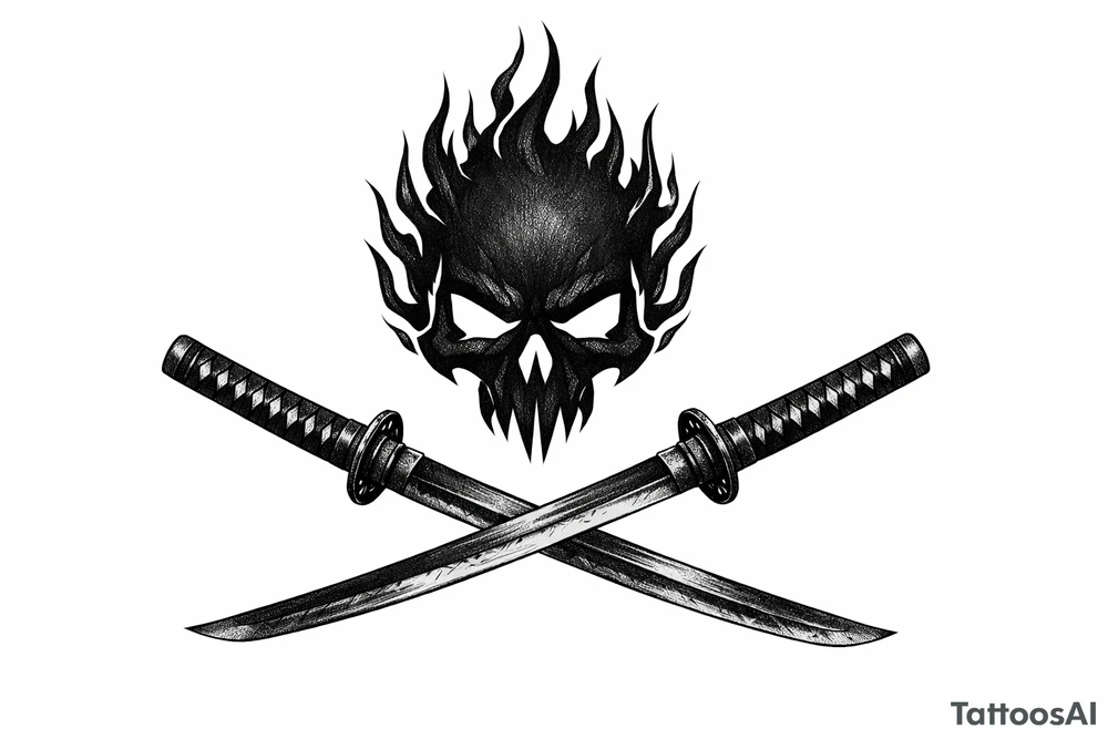 A minimalist skull silhouette with sharp flame outlines, crossed katanas crossed below. tattoo idea