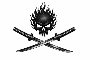 A minimalist skull silhouette with sharp flame outlines, crossed katanas crossed below. tattoo idea