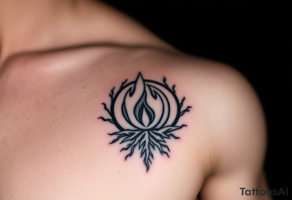 a round flame imprisoned in a roots circle tattoo idea