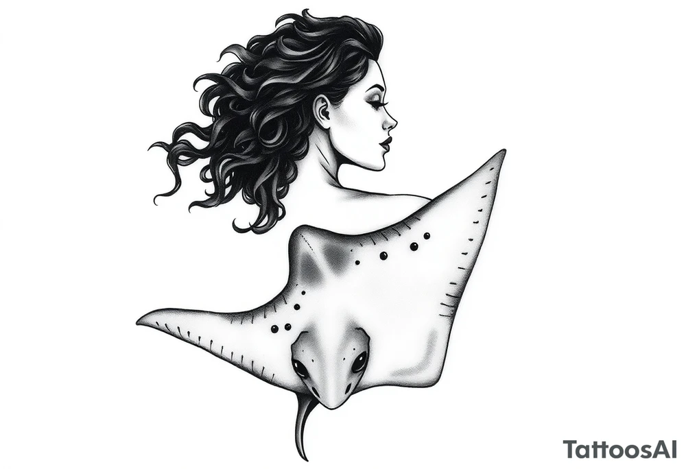 Freediving Curly Woman with a mobula ray in the Open sea tattoo idea