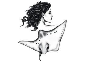 Freediving Curly Woman with a mobula ray in the Open sea tattoo idea