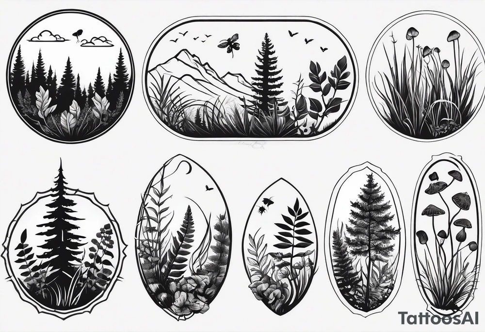 forest floor inspired minimalist tattoo, which includes grass, curly ferns, moss and dead leaves as the bulk of the tattoo. details to include: forest berries, a tiny bumblebee flying nearby, three small brown mushrooms
Generate a vertically long one tattoo idea