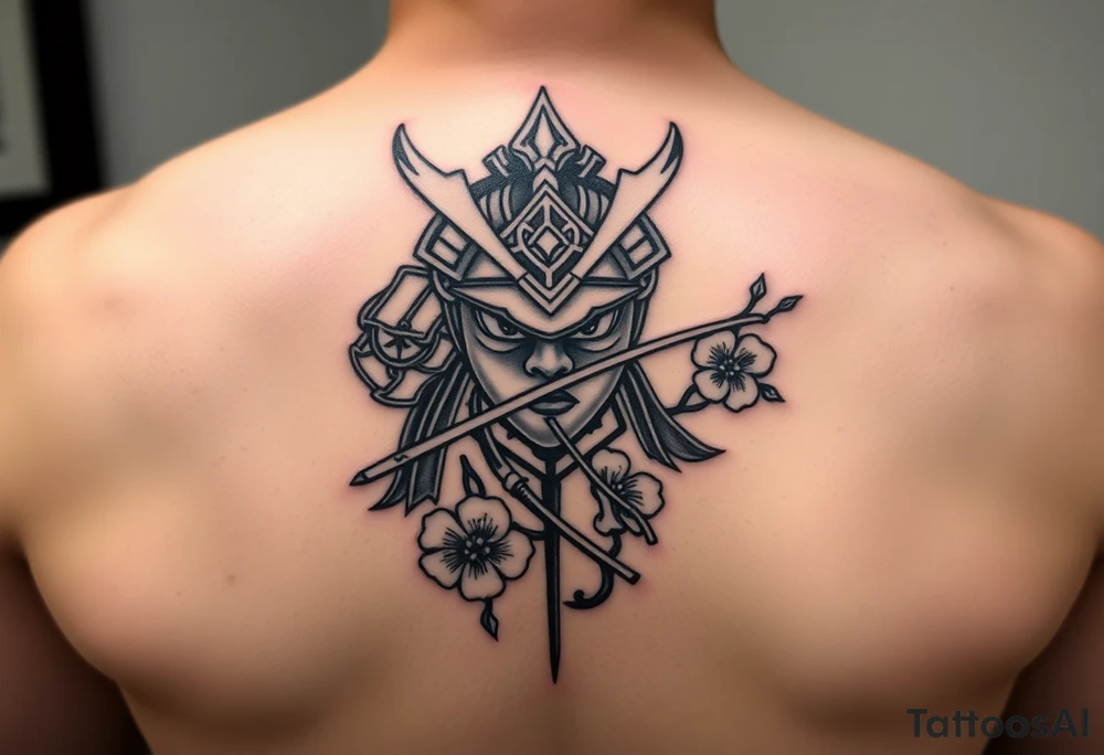 Samurai Asian face warrior
 with a fan across her face with cherry blossom tattoo idea