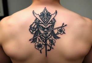 Samurai Asian face warrior
 with a fan across her face with cherry blossom tattoo idea