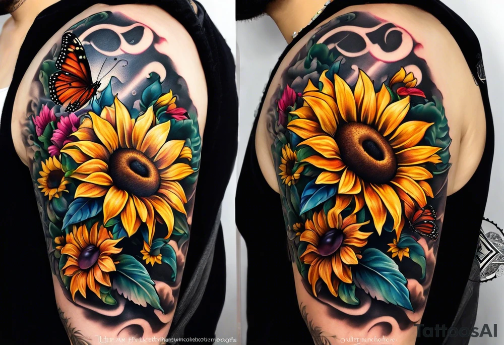 Sleeve with cross, sunflowers and butterflies tattoo idea