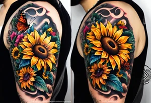 Sleeve with cross, sunflowers and butterflies tattoo idea