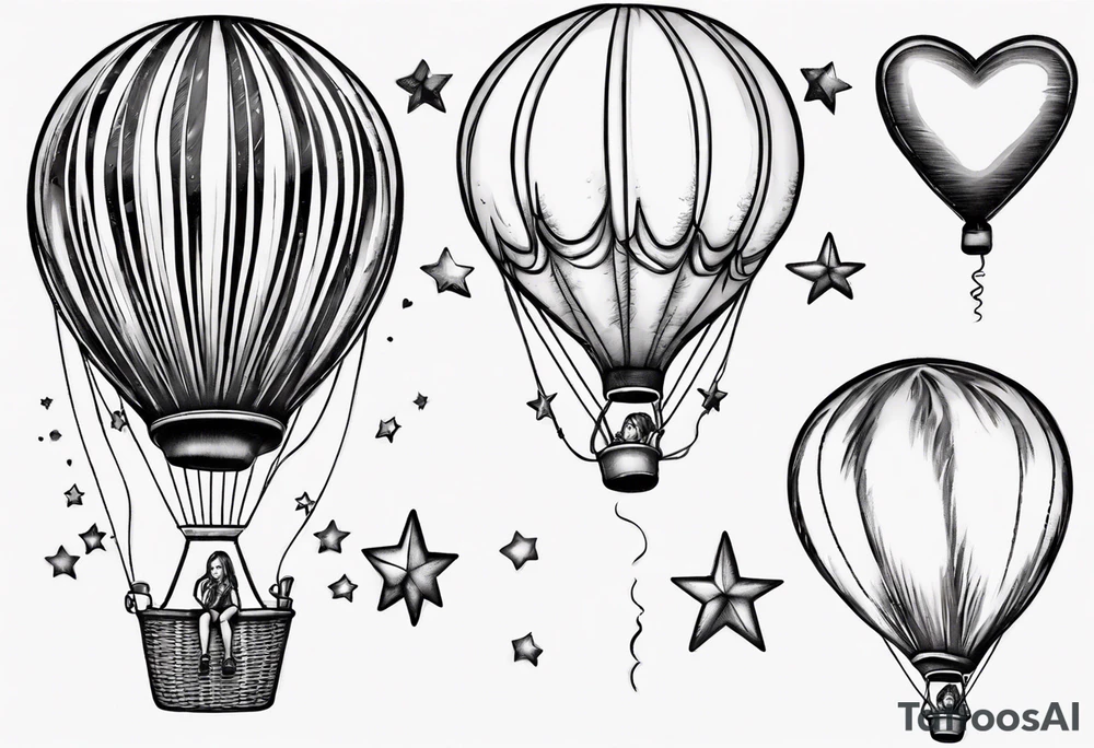 Hot water balloon with star and heart balloons and girl inside the balloon tattoo idea