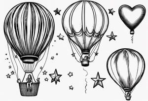 Hot water balloon with star and heart balloons and girl inside the balloon tattoo idea
