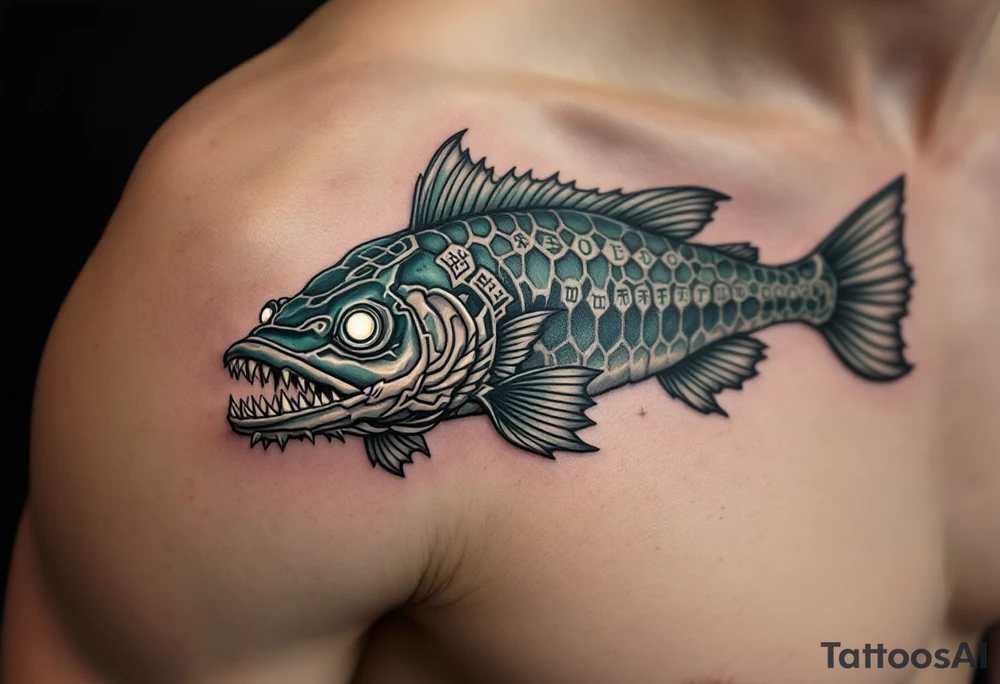 Ancient River Guardian – A massive, mythical catfish with dark jade-green scales, weathered stone-like skin, and glowing white eyes, surrounded by ancient river symbols and rune-like markings. tattoo idea