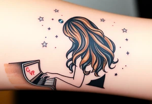 Woman with wavy brown hair playing a grand piano under the stars swirl tattoo idea