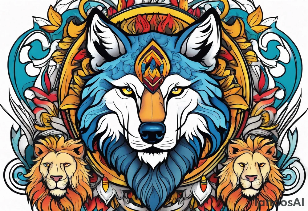 A powerful wolf with lions main tattoo idea