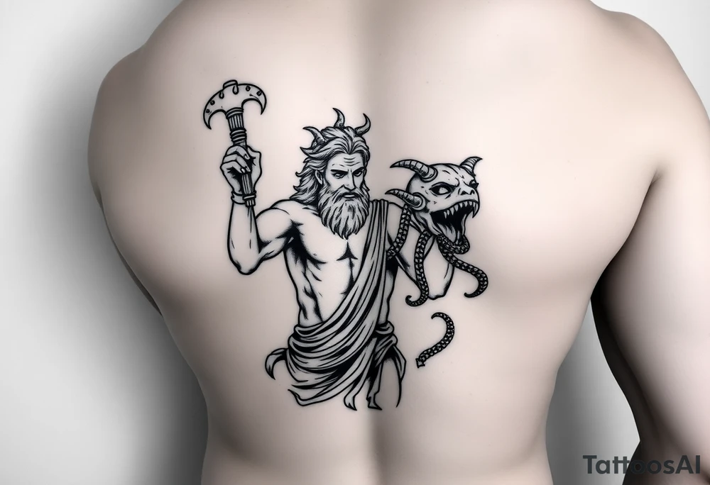 Perseus the Greek hero, holding Medusa’s severed head in victory, black and white and a part of a leg sleeve tattoo idea