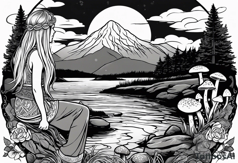 Whole picture encircled fully

Straight long blonde hair hippie girl in distance holding mushrooms in hand facing away toward mountains and creek surrounded by mushrooms long sleeve shirt and hiking pants; whole rendering within a full celtic circle, no cut off circle tattoo idea