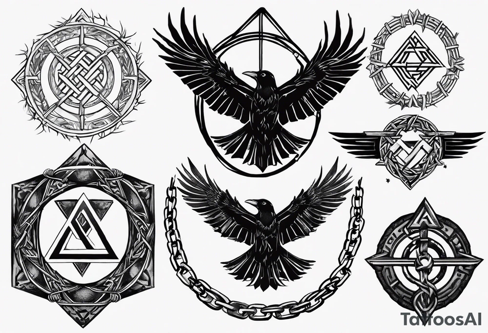 sketch of a chain surrounding the forearm with the following silhouettes: Yggdrasil and Vegvisir, Valknut, the crows of Odin, a reference to the 9 worlds and runes:
Uruz (ᚢ) The Uruz
Raido (ᚱ) The Raido
Gebo (ᚷ) The World
Perthro (ᛈ)
Elhaz (ᛉ) The Great One
Laguz (ᛚ) The Laguz tattoo idea